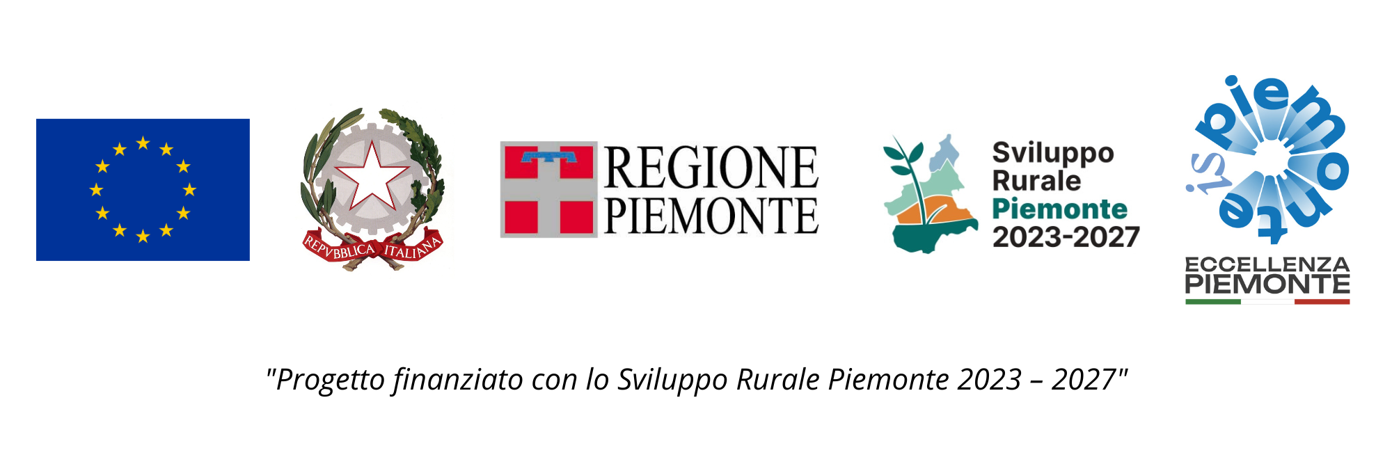 Loghi istituzionali: Unione Europea, Repubblica Italiana, Regione Piemonte, Sviluppo Rurale Piemonte 2023–2027, Eccellenza Piemonte